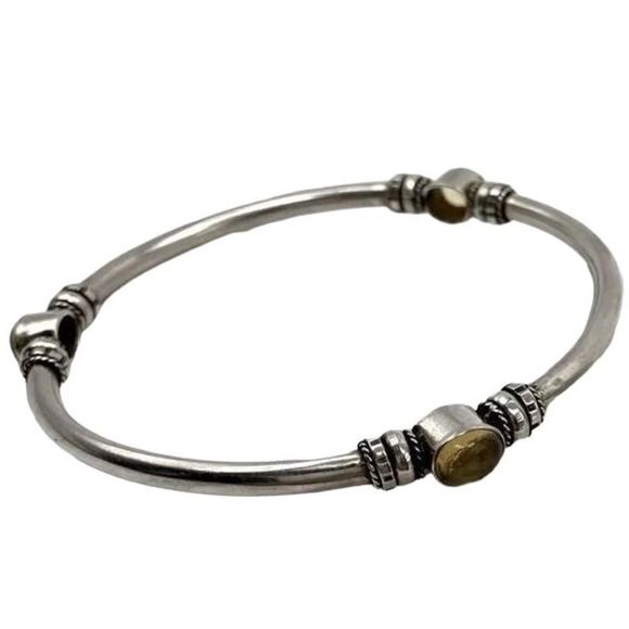 Vintage Sterling Silver Bangle Bracelet with Citrine Cabochon Stations - Picture 3 of 5